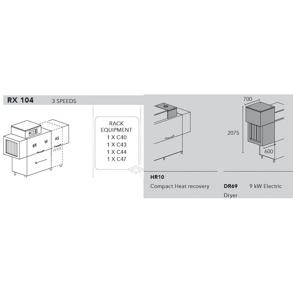 МАШИНА ПОСУДОМОЕЧНАЯ DIHR RX 104 DX+DDE+HR10+DR69/ДЕЛЕНИЕ 2 ЧАСТИ миниатюра 1